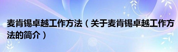 麥肯錫卓越工作方法（關(guān)于麥肯錫卓越工作方法的簡介）