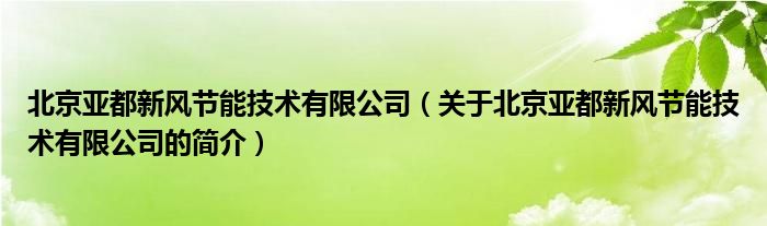 北京亞都新風(fēng)節(jié)能技術(shù)有限公司（關(guān)于北京亞都新風(fēng)節(jié)能技術(shù)有限公司的簡(jiǎn)介）