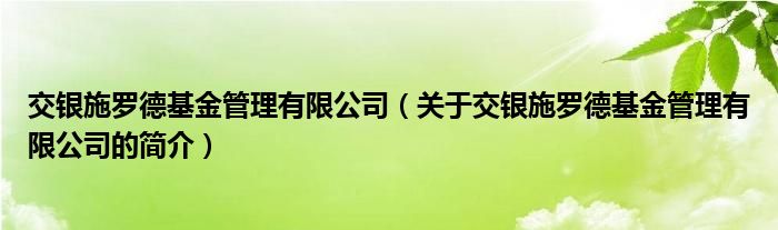 交銀施羅德基金管理有限公司（關(guān)于交銀施羅德基金管理有限公司的簡介）