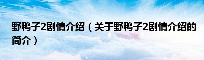 野鴨子2劇情介紹（關(guān)于野鴨子2劇情介紹的簡介）