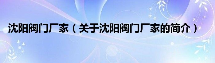 沈陽閥門廠家（關于沈陽閥門廠家的簡介）