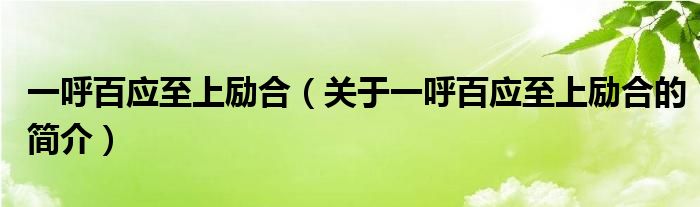 一呼百應(yīng)至上勵合（關(guān)于一呼百應(yīng)至上勵合的簡介）