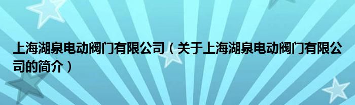 上海湖泉電動閥門有限公司（關(guān)于上海湖泉電動閥門有限公司的簡介）