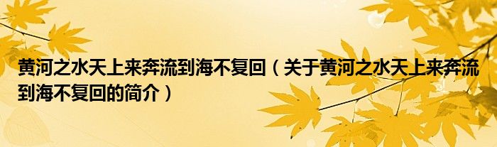 黃河之水天上來(lái)奔流到海不復(fù)回（關(guān)于黃河之水天上來(lái)奔流到海不復(fù)回的簡(jiǎn)介）