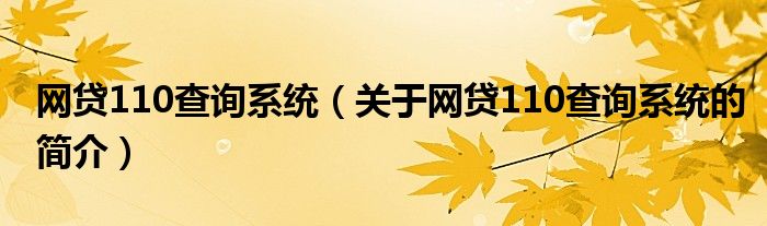 網(wǎng)貸110查詢系統(tǒng)（關(guān)于網(wǎng)貸110查詢系統(tǒng)的簡介）