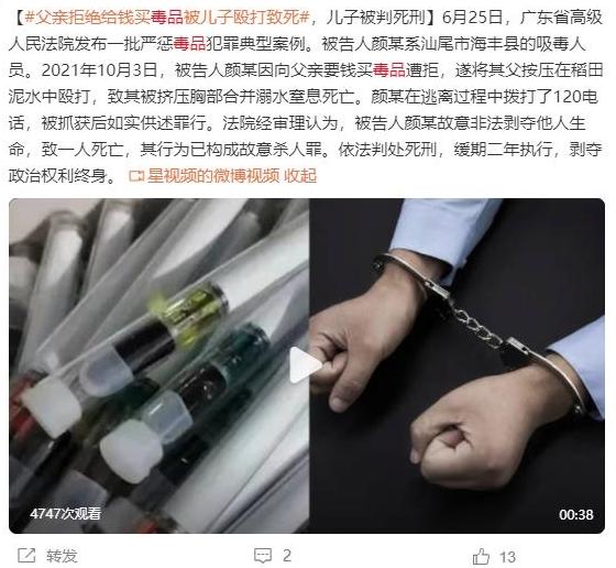 廣東一吸毒者因向父親要錢購買毒品遭拒毆打致死，兒子被判死刑